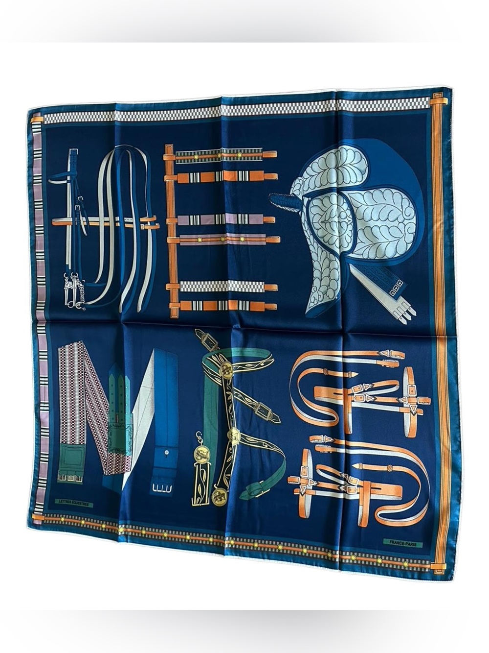 Luxury 100% Silk Navy Equestrian Print Scarf 90cm